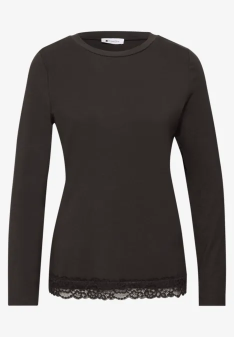 T-shirt à manches longues, col rond et bordure en dentelle black coffee Schwarzes Langarmshirt mit Rundhalsausschnitt und Spitzenbesatz am Saum