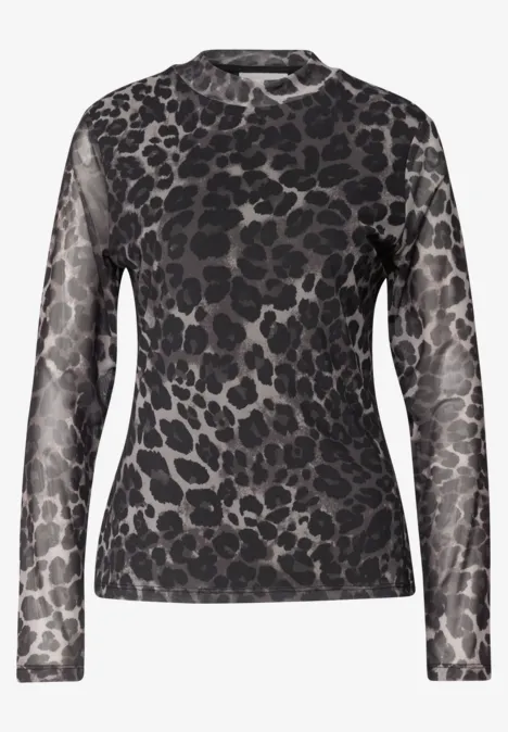 Dames mesh longsleeve met ronde hals, zwart-grijs luipaardprint.