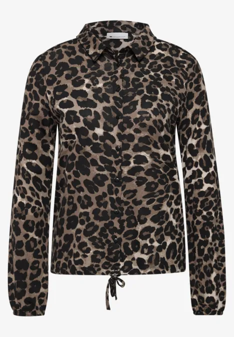 Langarm Shirt im Hemdblusen-Look Black Leichte Bluse mit braun-schwarzem Leopardenmuster, lange Ärmel und Kordelzug im Saum