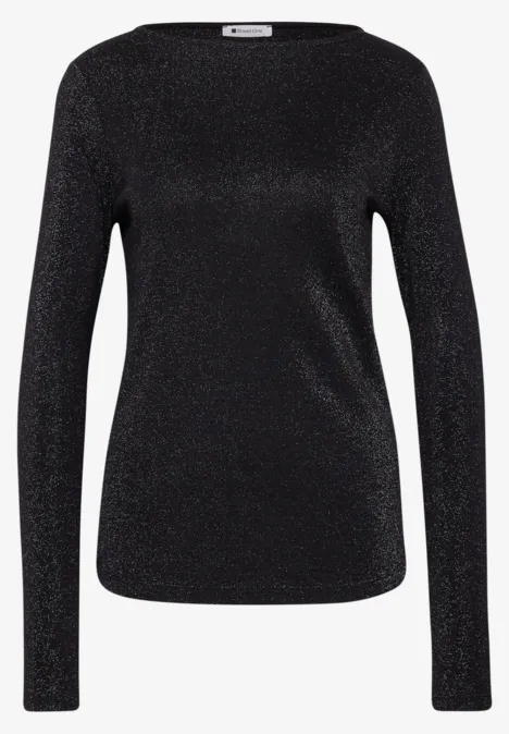 T-shirt à manches longues, col bateau et paillettes Black Schwarzes, langärmliges Damenoberteil mit schimmerndem Glitzereffekt.