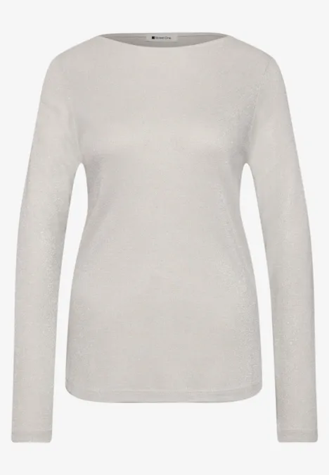 Einfacher cremefarbener Langarmshirt mit rundem Ausschnitt.