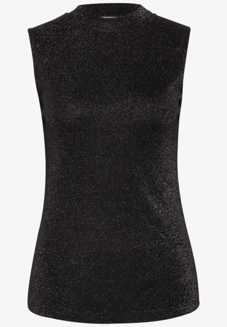 Ärmelloses schwarzes Top mit schimmerndem Glitzereffekt.