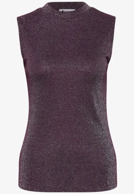 Haut sans manches violet scintillant, effet pailleté, coupe ajustée.