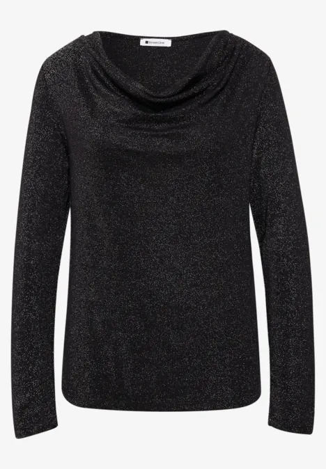 Zwart glinsterende damesblouse met watervalhals en lange mouwen