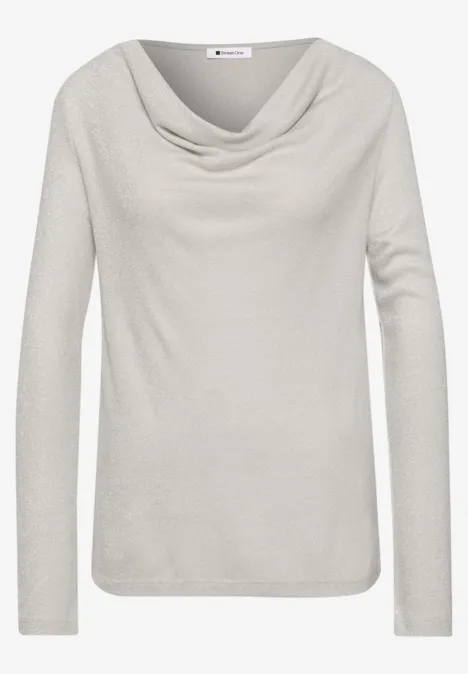 Helles graues Langarmshirt mit weitem, drapiertem Wasserfallausschnitt