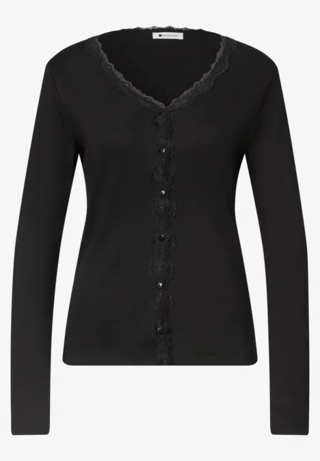 Schwarze Damen-Strickjacke mit V-Ausschnitt, Spitzenbesatz und Knopfleiste.