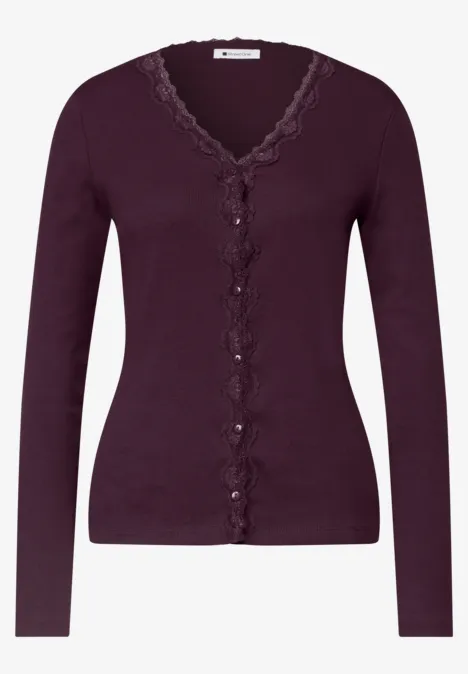 Dunkelviolette Damenstrickjacke mit Spitzenbesatz und Knopfverschluss