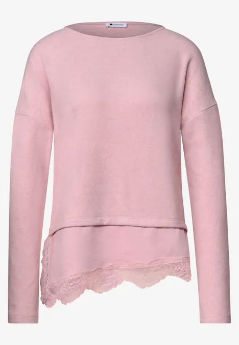 Rosa Langarmpullover mit asymmetrischem Spitzensaum
