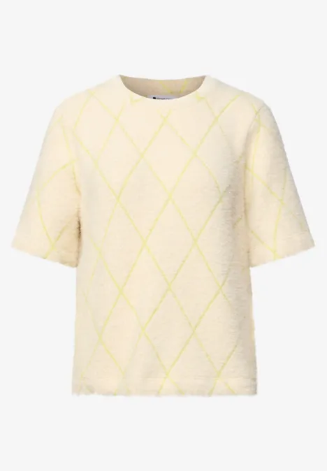 Beiges T-Shirt mit kurzen Ärmeln und gelbem Rautenmuster