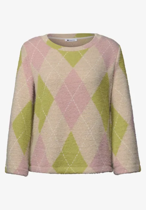 Flauschiger Fleecepullover in Pastellrosa und Lindgrün mit großem Rautenmuster