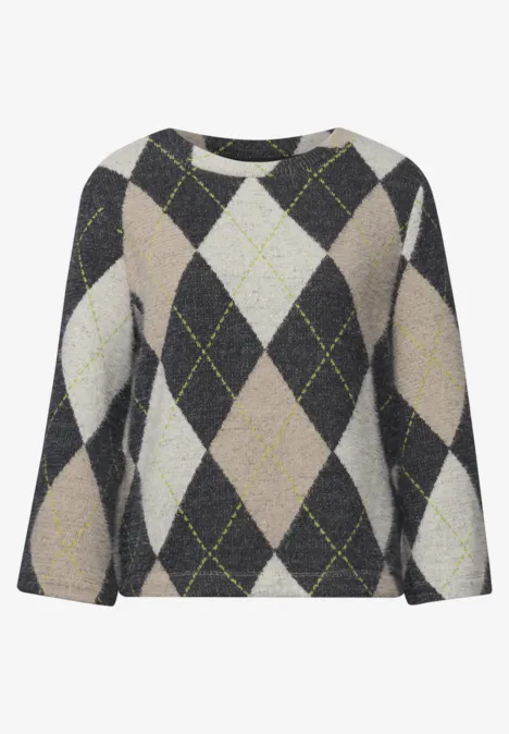 3/4-Arm Shirt mit Rundhals und Argylemuster armor grey Weicher Strickpullover mit Argyle-Rautenmuster in Schwarz, Grau, Beige und dezenten grünen Linien.