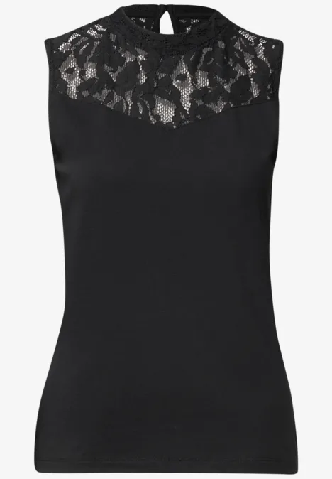 Top mit Rundhals und Spitze Black Schwarzes ärmelloses Top mit Spitzeneinsatz am Oberteil und Rundhalsausschnitt.