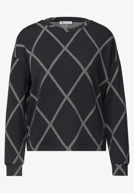 T-shirt à manches longues, col rond et motif à carreaux armor grey Pull noir à manches longues avec un motif losange gris clair et coupe décontractée.