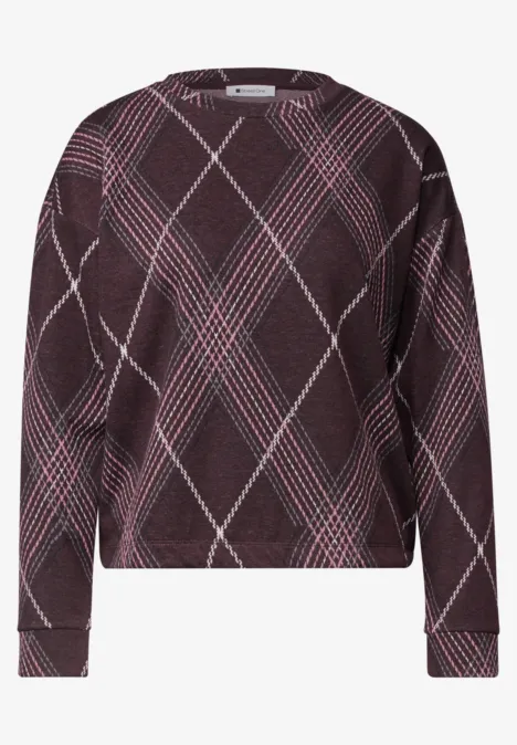 T-shirt à manches longues, col rond et motif à carreaux berry plum Pull bordeaux à manches longues avec motif écossais rose et blanc, coupe large et droite.