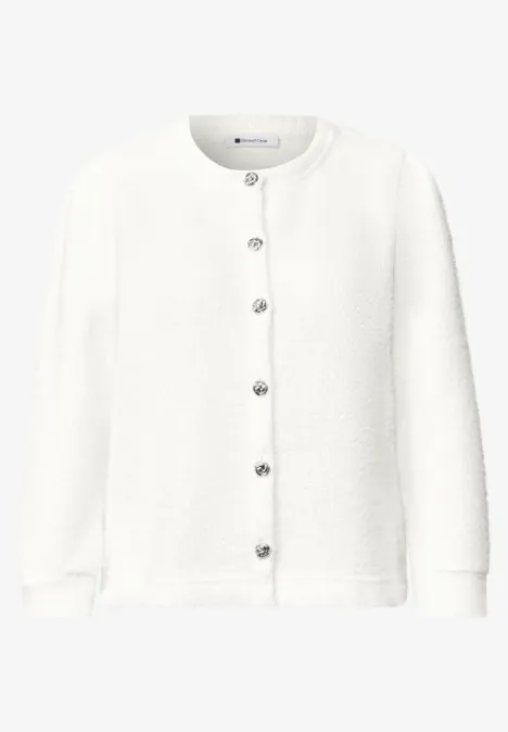 3/4-Arm Jacke mit Rundhals und Knopfleiste off white Weiße Strickjacke mit Rundhalsausschnitt, langen Ärmeln und silberfarbenen Zierknöpfen.