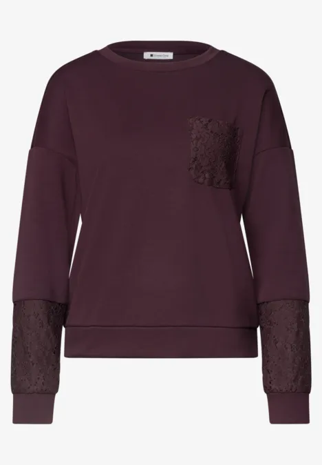 Bordeauxfarbenes Sweatshirt mit Spitzenbesatz an Ärmeln und Brusttasche