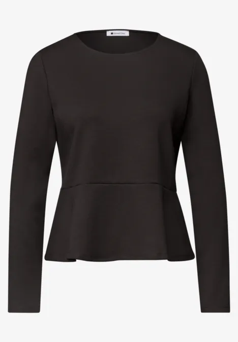 Schwarzes Langarmshirt mit Rundhalsausschnitt und tailliertem, ausgestelltem Saum