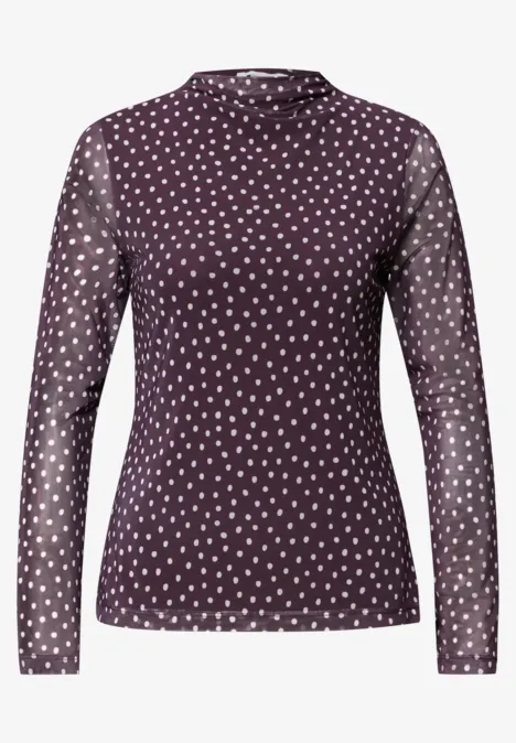 Dunkelviolettes Damen-Longsleeve mit weißen Polka Dots und transparenten Ärmeln
