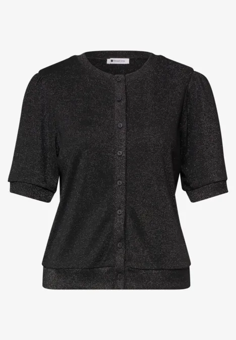 Schwarze, funkelnde Kurzarm-Strickjacke mit Rundhalsausschnitt und Knopfleiste.