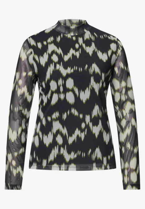 T-shirt en mesh à col roulé et imprimé Black Eleganter schwarzer Langarmshirt mit abstraktem cremefarbenem Muster.