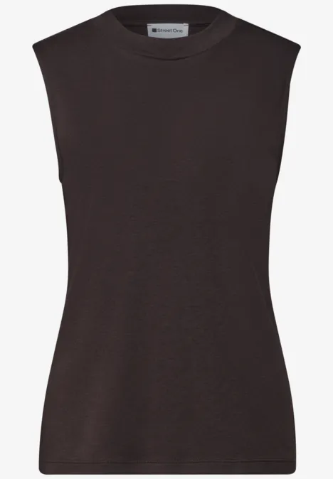 Top femme sans manches de couleur brun foncé, coupe épurée avec encolure ronde