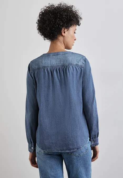 Jeans-Bluse mit Rüschen mid blue soft wash