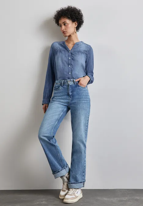 Jeans-Bluse mit Rüschen mid blue soft wash
