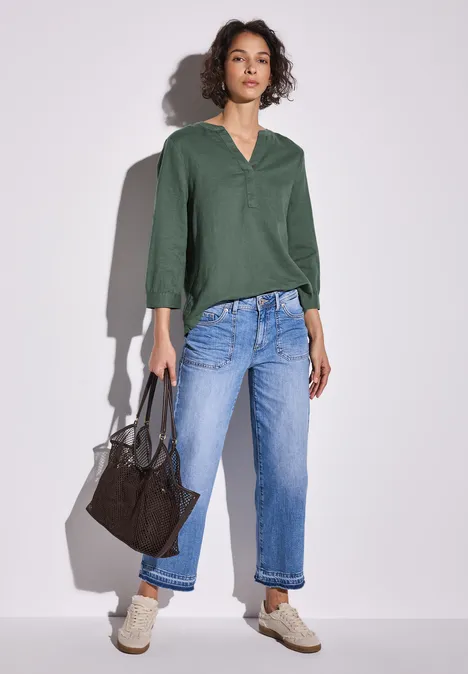Leinenmix-Bluse in Unifarbe garden green