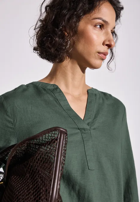 Leinenmix-Bluse in Unifarbe garden green