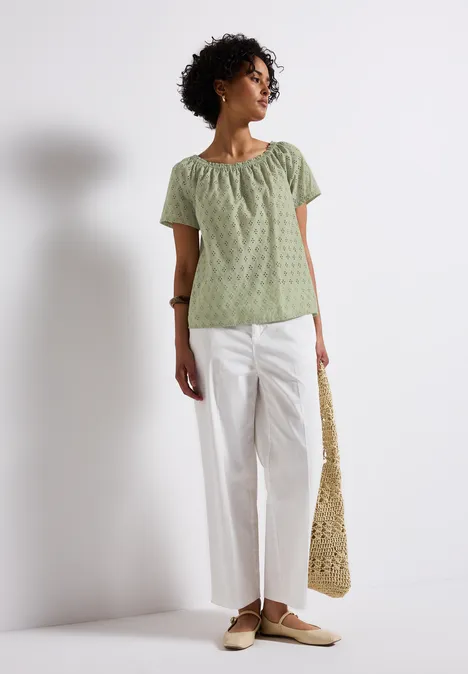 Bluse mit Lochstickerei soft moss green