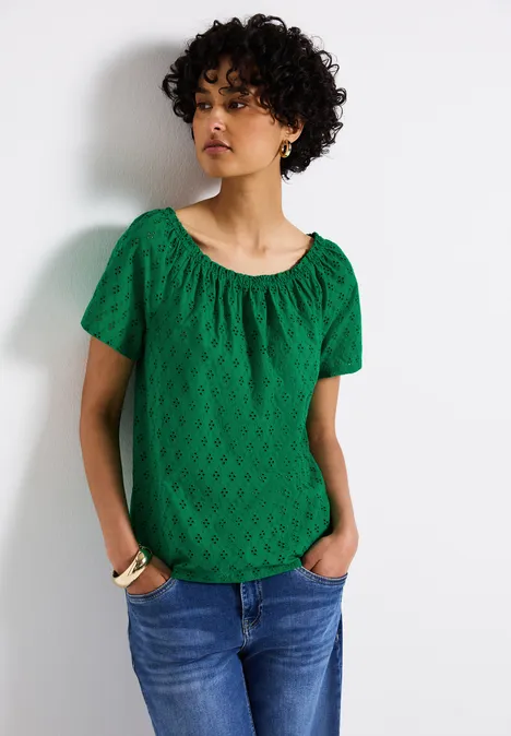 Bluse mit Lochstickerei glowing green