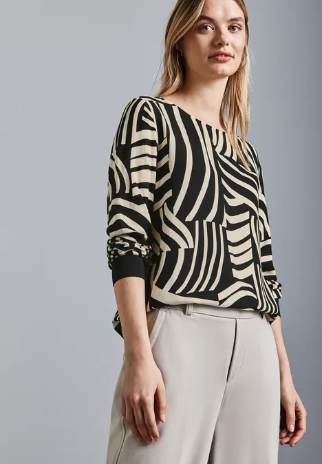 Rundhalsbluse mit Print Black