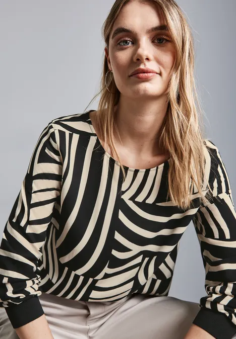 Rundhalsbluse mit Print Black