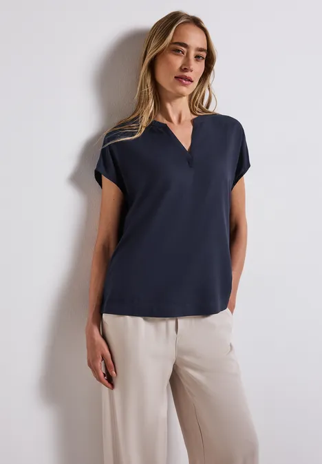 Split Neck Bluse in Unifarbe deep blue