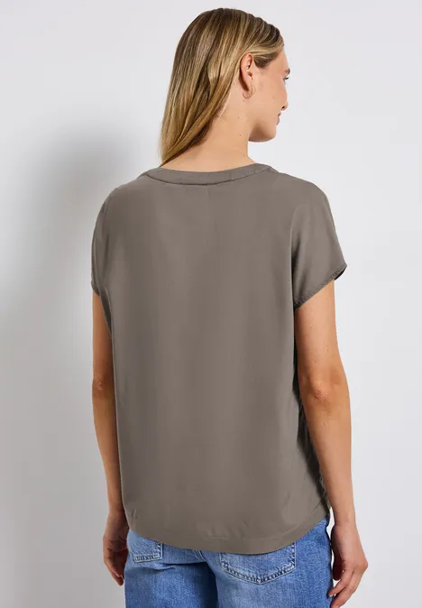 Split Neck Bluse in Unifarbe dark tumbled beige