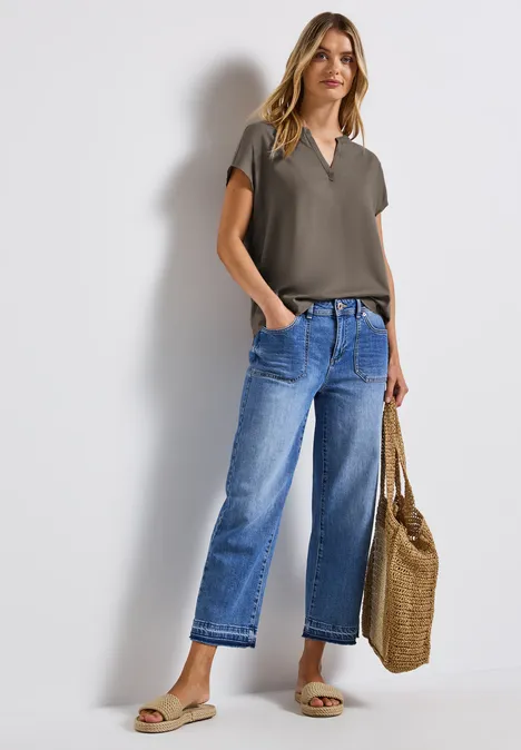 Split Neck Bluse in Unifarbe dark tumbled beige