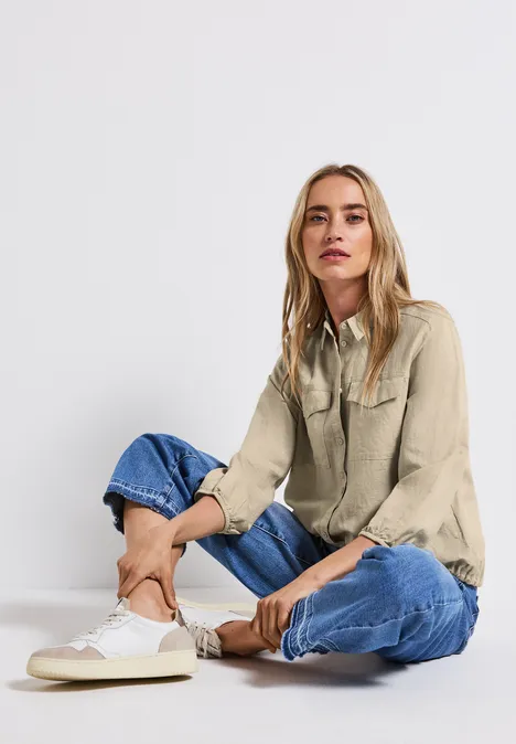 Leinenmix-Hemdbluse coastal beige
