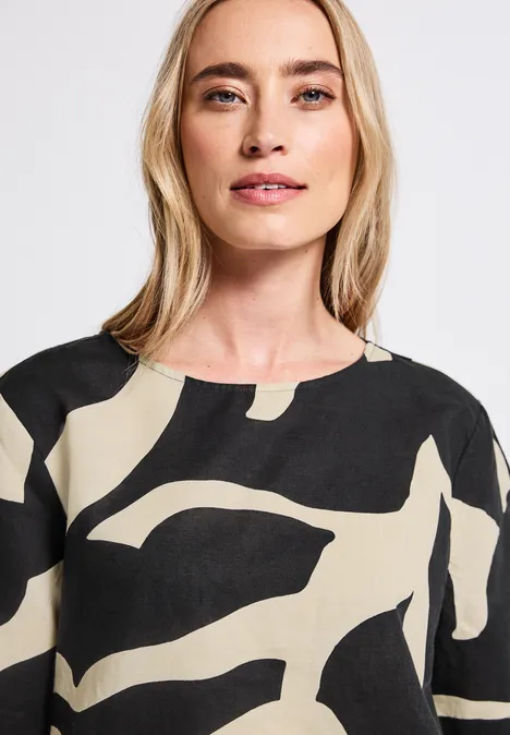 Leinenmix Print-Blusenshirt whale tail grey