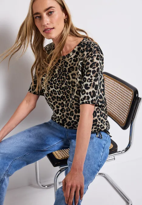Leinenmix Print-Blusenshirt Black