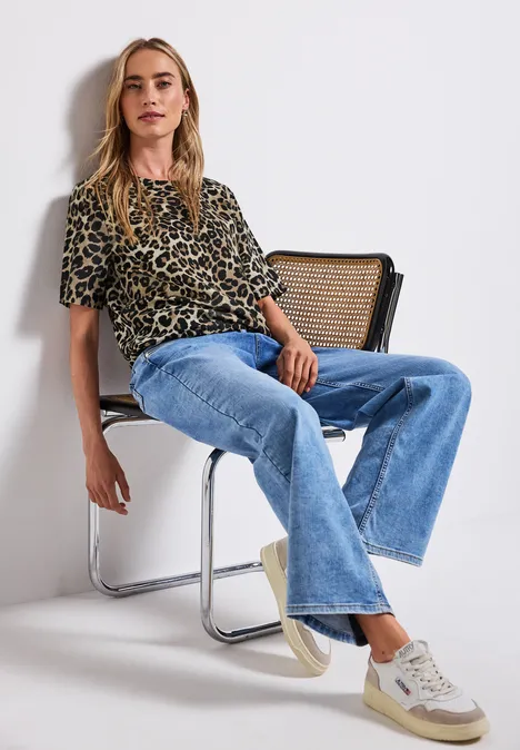 Leinenmix Print-Blusenshirt Black