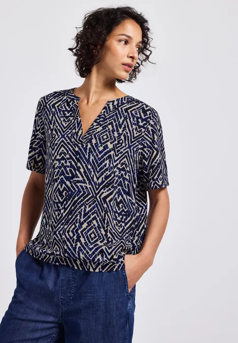 Gemusterte Split Neck Bluse deep blue