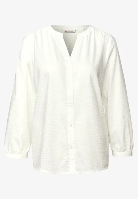 Seersucker blouse met gespleten hals off white