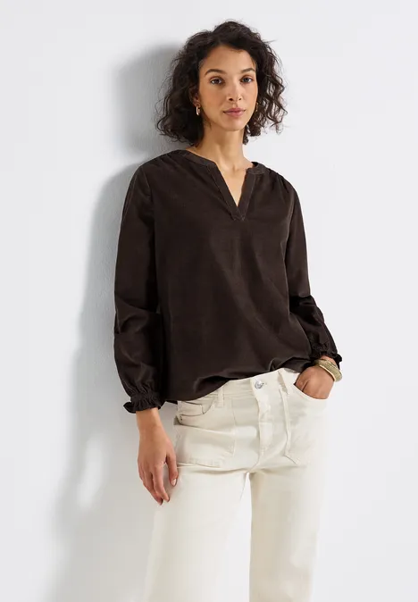 Cordbluse mit Rüschendetails deep roast brown