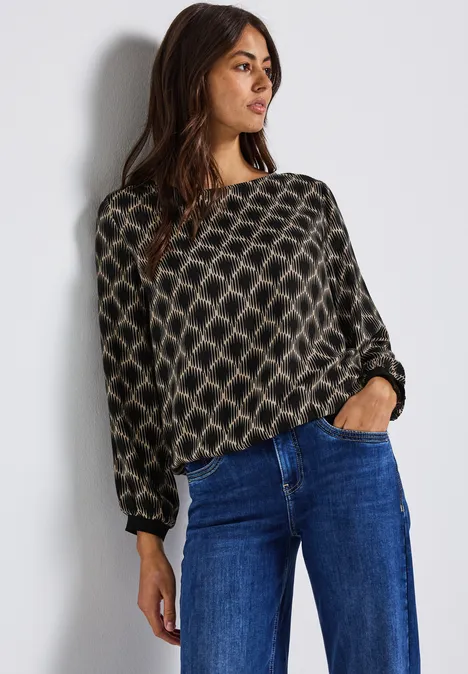 Print-Bluse mit Elastiksaum sanded beige