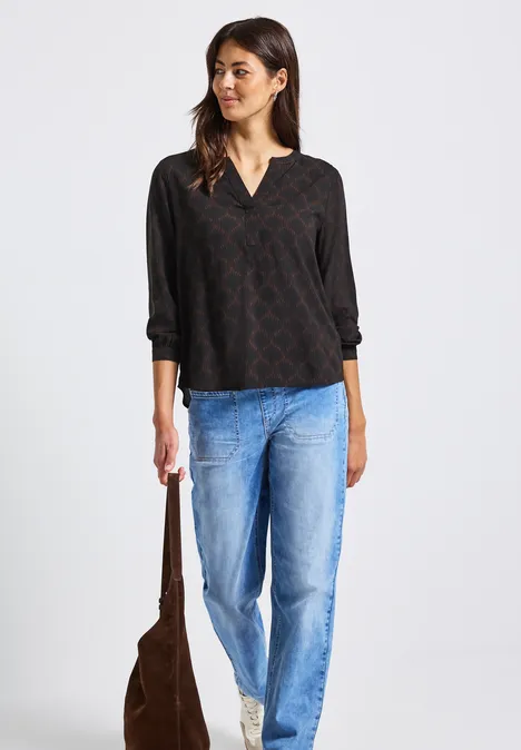 Split Neck Print-Tunika Black