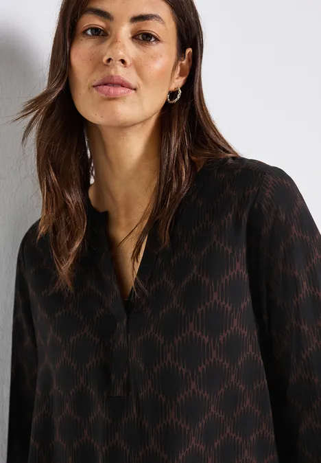 Split Neck Print-Tunika Black