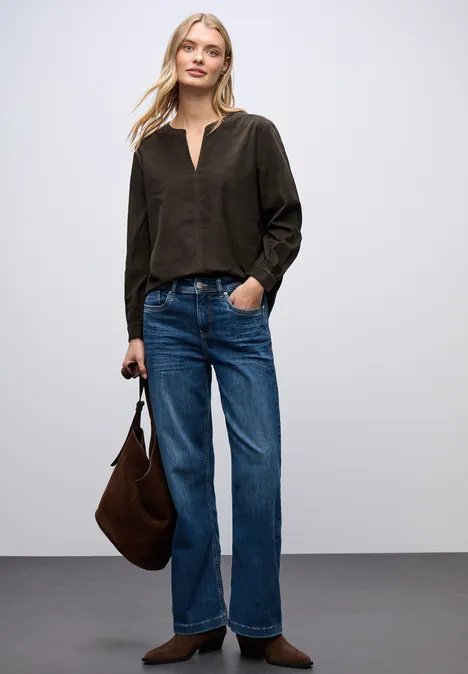 Corduroy blouse in effen kleur darkest brown