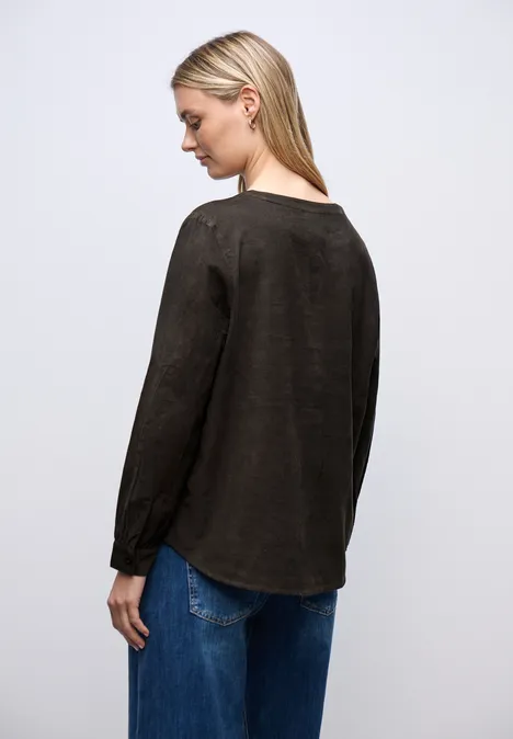 Corduroy blouse in effen kleur darkest brown