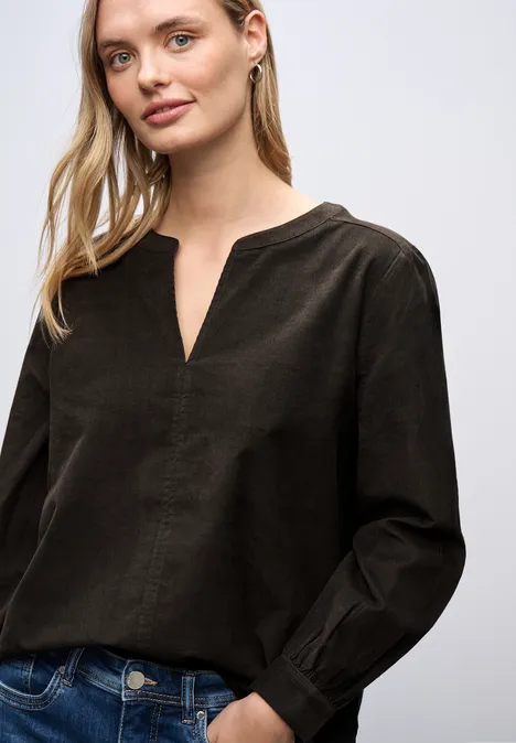 Corduroy blouse in effen kleur darkest brown