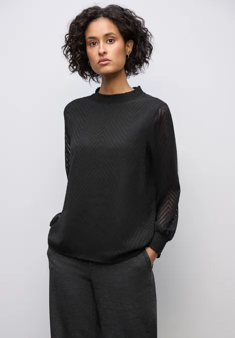 Smok-Detail Chiffon-Bluse Black